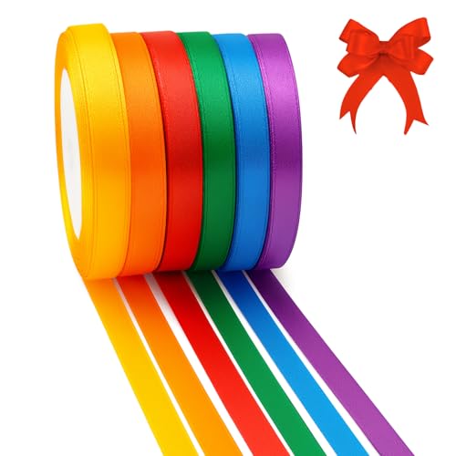 Geschenkband 6 Farben, 22M x 10MM Satinbänder,Bunt Schleifenband, Seidiges und Weiches Stoffbänder, Geschenkband Set für Basteln, Floristik, Einladungskarten & Festdeko von WINKIO