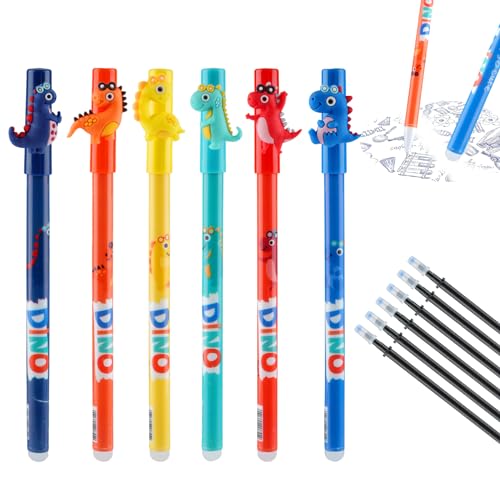 WINKIO Radierbare Kugelschreiber 6 PCS mit 6 Blau Ersatzmine，0.5mm Erasable Pen Leicht Zu Reiben für Studenten, Büro, Geschenke(Theme Dino) von WINKIO
