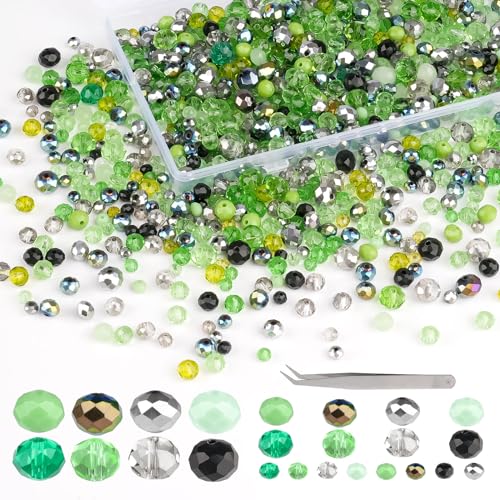 WINKIO Perlen Zum Auffädeln, 1000 Stückt Grün Facettierte Perlen mit Pinzette, 4mm/6mm/10mm Kristall Perlen zum Auffädeln Schmuckherstellung, DIY Halsketten, Ohrringe von WINKIO