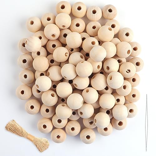 Holzkugeln mit Loch 16mm, 120Stück Holzperlen zum Auffädeln, Runde Holzperlen Natur, Unbehandelte Perlen Holz mit Bastelseilen für basteln DIY Schmuck Armband Halskette (NATURAL, 16MM) von WINKIO