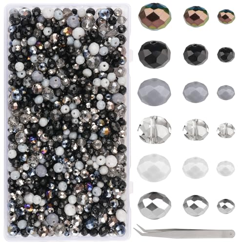 WINKIO Perlen Zum Auffädeln, 1000 Stück Schwarz Facettierte Perlen mit Pinzette, 4mm/6mm/10mm Kristall Perlen zum Auffädeln Basteln Schmuckherstellung, DIY Halsketten, Ohrringe von WINKIO