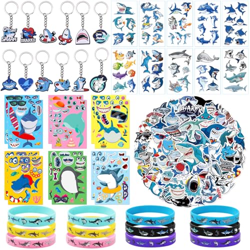 96 Stück Mitgebsel Hai Kindergeburtstag Eingeschlossen Hai Schlüsselanhänger Silikonarmbänder Tattoo Aufkleber Puzzle DIY Aufkleber und Sticker Geeignet für Geburtstagsfeiern mit Meeresmotiven von WINMIND