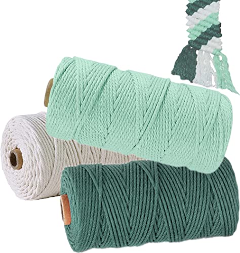 Makramee Garn 2mm x 100m 3er Set, WINOK Bunte Makramee-Schnur, DIY Naturgarn Makramee-Seil Baumwollschnur Baumwollgarn Schnur Baumwollkordel für Wandpflanze Handwerk - Weiß Dunkelgrün Hellgrün von WINOK