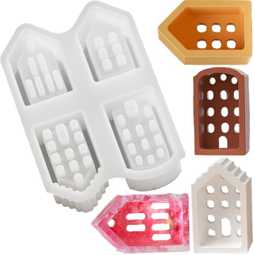 Silikonformen Gießformen Häuser, WINOK 4 Stück Giessformen Silikonformen Haus, Mini-Gießformen für DIY Handwerk, Gips, Beton, Kerzen, Weihnachtshandwerk von WINOK