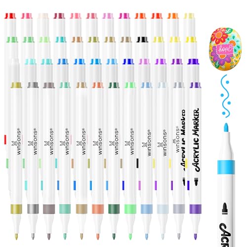 WINSONS Acrylstifte 48 Farben, Permanent Marker, Feine Spitze, Ungiftig, Wasserfest, Permanent, Kräftige Farben, Acrylic Markers für künstlerische Arbeiten von WINSONS