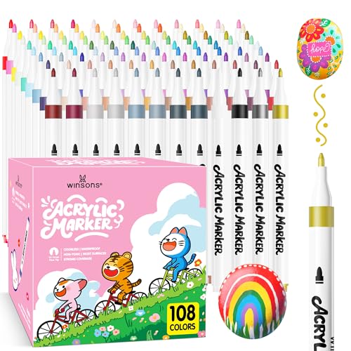 WINSONS Fineliner Set 108 Farben, Acrylic Marker, Feine Spitze, Ungiftig, Wasserfest, Permanent, Kräftige Farben, Acrylic Markers für künstlerische Arbeiten von WINSONS