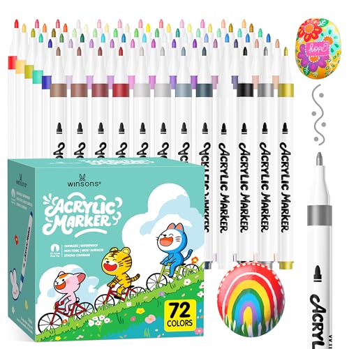 WINSONS Permanent Marker 72 Farben, Acrylic Marker, feine Spitze, ungiftig, wasserfest, nicht ausblutend, leuchtende Farben, Geeignet für eine Vielzahl von Oberflächen von WINSONS