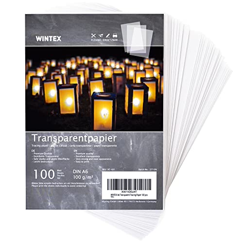 WINTEX 100 Blatt Transparent Papier DIN A6, weiß & bedruckbar, 102 g/qm – transparentes Bastelpapier, Pauspapier, Architektenpapier, Tracing Paper, Laternenpapier von WINTEX