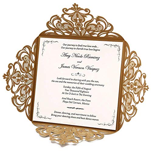 WISHMADE Einladungskarten Für Hochzeit Geburtstag Taufe Quadrat Lasercut Design Spitze Karte inkl Umschläge für Geburtstag Partei Gefälligkeiten (Gold, 50 Stück) von WISHMADE