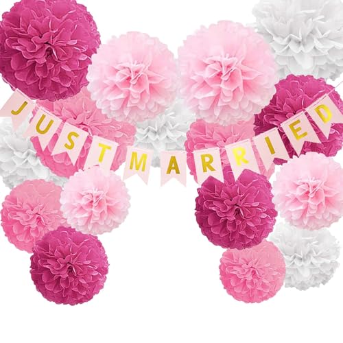 16 Stück Pompons Deko WISIRENT, Papier Pompons Just Married Deko, Girlande Rosa Pom Poms Papierblumen Pompoms Partydeko, Autoschmuck Hochzeit und Luftschlangen Goldstaub Deko für Hochzeiten, Partys von WISIRENT