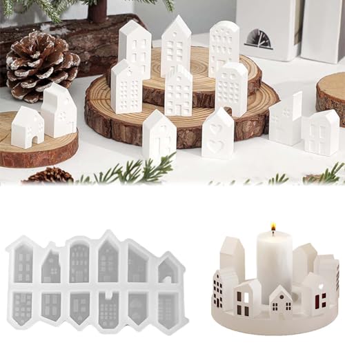 Silikonformen Gießformen Häuser WISIRENT, 12 Stück Silikonform Mini Häuser Weihnachtshaus Silkonform, Silikonform Häuser Kerzenhalter Gießformen Silikon Haus für Weihnachten, Halloween, Ostern von WISIRENT