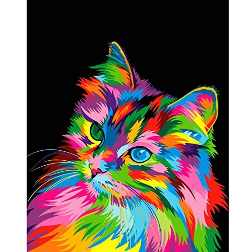 WISKALON DIY Ölgemälde Tiere Acrylfarben Gemälde Kit für Erwachsene Teenager Anfänger Malen nach Zahlen auf Leinwand, 16x20 Zoll Bunte Katze - (Ohne Rahmen) von WISKALON