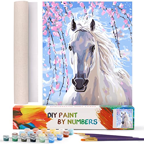 WISKALON Malen nach Zahlen Tiere Kits Enthält 3 Pinsel und Acrylfarben DIY Leinwand Gemälde für Erwachsene Anfänger - Weißes Pferd (Ohne Rahmen) von WISKALON