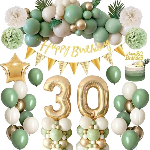 Deko 30 Geburtstag Frau Mann, Geburtstagsdeko 30 Männer Frauen, 30 Geburtstag Frauen Avocado Grüne Gold Luftballons mit Happy Birthday Banner,Pompoms für Mann 30. Dekorationen von WISTENALLA