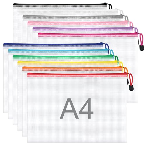 WISYOK 12 Stück A4 Kunststoffhüllen mit Reißverschluss, Netzstoff, Kunststoff-Ordner, Dokumententaschen, Reißverschluss-Dokumententaschen für Büro, Schule, Reisen, Zuhause (33 x 23 cm, 12 Farben) von WISYOK