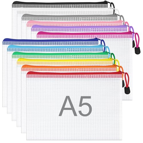 WISYOK 12 Stück Dokumententasche A5, Wasserdichte Mesh Dokumententasche mit Reißverschluss, Reißverschlusstasche für Dokumente, Dokumententaschen für Büro, Schule und Reisen (23.5×16.5cm, 12 Farben) von WISYOK
