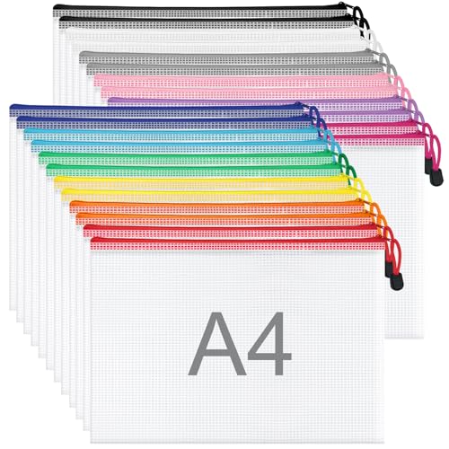 WISYOK 24 Stück A4 Kunststoffhüllen mit Reißverschluss, Plastikmappen, Dokumentenmappen, Reißverschluss-Brieftasche, Reißverschluss-Dokumententasche für Büro, Schule, Reisen, Zuhause (33 x 23 cm, 12 von WISYOK