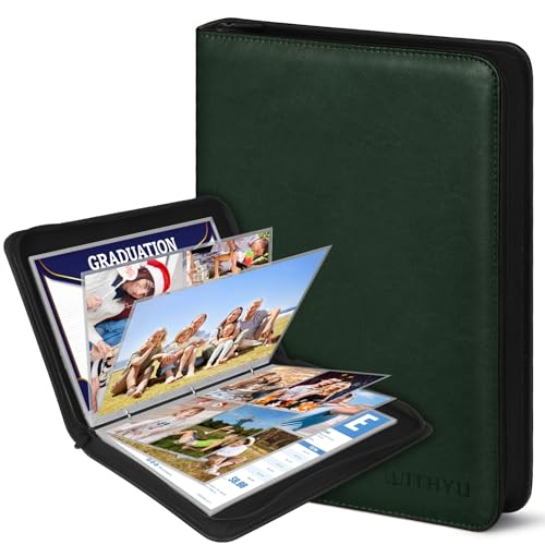 A4 Fotoalbum PU-Leder Portfolio mit austauschbaren Foto-Hüllen – 30 Seiten (drei Fächerausführungen, beidseitig nutzbar) – Wasserdichte Reißverschluss-Mappe für Fotos, Dokumente (Grün) von WITHYU