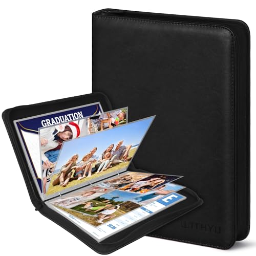 A4 Fotoalbum PU-Leder Portfolio mit austauschbaren Foto-Hüllen – 30 Seiten (drei Fächerausführungen, beidseitig nutzbar) – Wasserdichte Reißverschluss-Mappe für Fotos, Dokumente (Schwarz) von WITHYU
