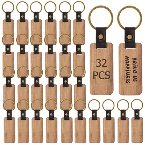 WIYETY 32 Stück Holz Schlüsselanhänger: Buche Mit Ring, Wooden Keychain Rechteckig, Blanko für Malerei Dekoration Geschenke von WIYETY