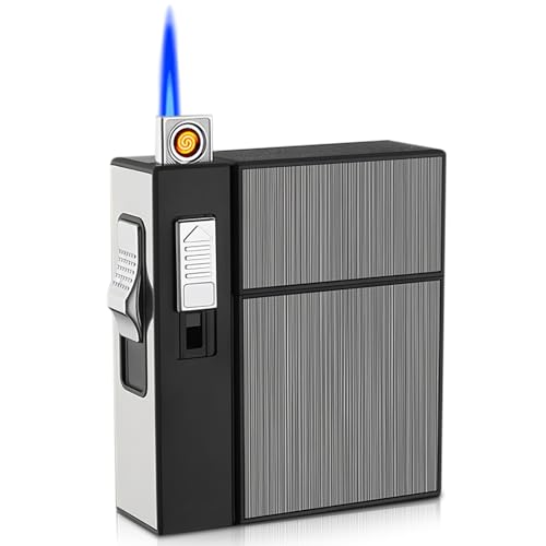 WIYETY Sturmfeuerzeug Zigarettenetui Aus Metall: Magnetverschluss Robustes Metallgehäuse, Winddichtes Jetflamme Feuerzeug, USB Aufladbar Für Outdoor Aktivitäten (6x2.7x9.1cm, Grau) von WIYETY