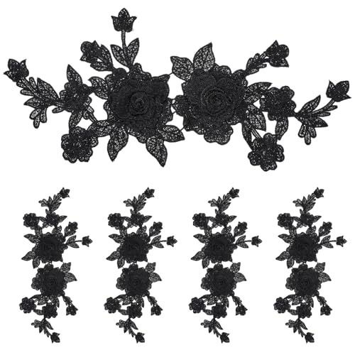 WJIAAA 4 Stück bügelflicken schwarz, Blumen Rosen Applikationen Patches zum Aufnähen, Spitzenstickerei Aufnäher DIY Spitze Kleidung Applique für Kleider Hut Tasche Jeans Basteln Kleidung Zubehör von WJIAAA