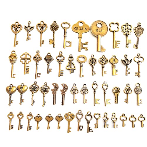 WJIAEER 50er Pack Vintage Schlüssel Dekorationen, Bronze Schlüssel Halsketten Anhänger, Schlüsselanhänger Vintage DIY Hochzeitsdeko Halsketten Anhänger von WJIAEER