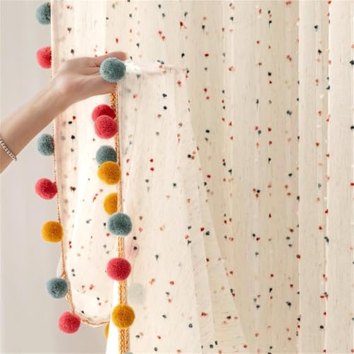 Durchsichtiger Boho-Vorhang mit bunten Bommeln, Voile, lichtfilternd, Kunstleinen, gestreift, Pompon, Stange, Tasche, Fenstervorhänge für Jungen/Mädchen, Schlafzimmer/Kinderzimmer, 2 Paneele (B 107 x Durchsichtiger Boho-Vorhang mit bunten Bommeln, Voile, lichtfilternd, Kunstleinen, gestreift, Pompon, Stange, Tasche, Fenstervorhänge für Jungen/Mädchen, Schlafzimmer/Kinderzimmer, 2 Paneele (B 107 x von WJLQLM