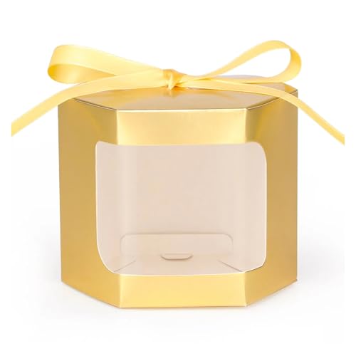 WJLYDM 10 Stück Kuchenbox Verpackung Papiertüten Süßigkeitenboxen mit durchsichtigem Fenster Geburtstagsbox FüR Hochzeit, Geburtstagsfeier(Gold,10PCS_7X7X7CM) von WJLYDM