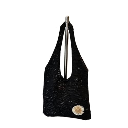 WJLYDM Gehäkelte Einkaufstasche mit Blumenmuster, Netzstoff, Strandtasche, gestrickt, for Reisen und Urlaub(Black) von WJLYDM