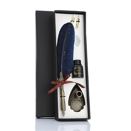 WJLYDM Kalligraphie-Federfeder mit 2 Federn, Federkiel, Füllfederhalter, kreatives Vintage-Schreibwaren, klassische Textur, Geschenkbox(Blue) von WJLYDM
