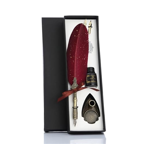 WJLYDM Kalligraphie-Federfeder mit 2 Federn, Federkiel, Füllfederhalter, kreatives Vintage-Schreibwaren, klassische Textur, Geschenkbox(Red) von WJLYDM