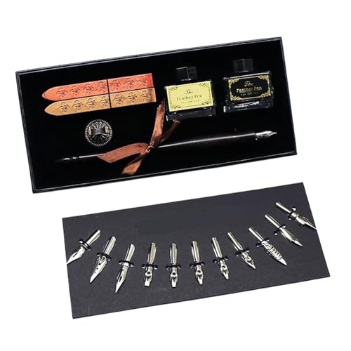 WJLYDM Retro-Dip-Füllfederhalter mit 12 Schreibfedern, Kunstkalligraphie-Schreibset aus Holz for Beschriften, Skizzieren und Zeichnen(Black) von WJLYDM