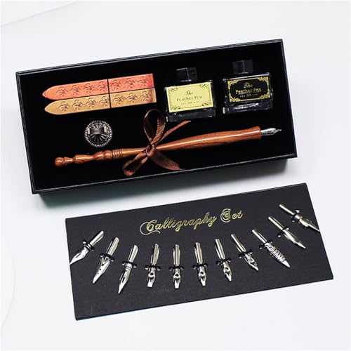 WJLYDM Retro-Dip-Füllfederhalter mit 12 Schreibfedern, Kunstkalligraphie-Schreibset aus Holz for Beschriften, Skizzieren und Zeichnen(Brown) von WJLYDM