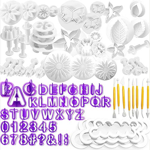 WJMY Fondant Ausstecher Backen DIY 84tlg Ausstechformen für Buchstaben, Zahlen, Rose Blume Formen Set Werkzeuge Auswerfer Stempel Modellierwerkzeug & Zubehör für Torten Deko von WJMY