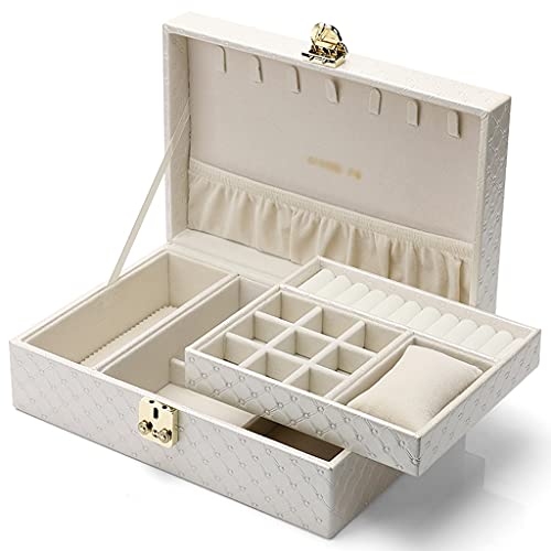 Aufbewahrungsbox, 2-lagig, PU-Leder, Schmuckkästchen, großes Fassungsvermögen, Schmuckschatulle für Ohrringe, Halsketten, Ringe, Geburtstag, Damen, Mädchen, Schmuck-Organizer, Reisen (Farbe: Weiß Aufbewahrungsbox, 2-lagig, PU-Leder, Schmuckkästchen, großes Fassungsvermögen, Schmuckschatulle für Ohrringe, Halsketten, Ringe, Geburtstag, Damen, Mädchen, Schmuck-Organizer, Reisen (Farbe: Weiß von WJPTL