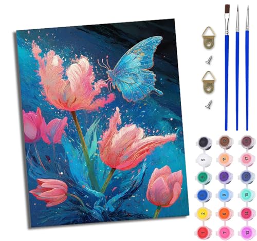 Malen Nach Zahlen DIY auf Leinwand Kit für Anfänger Fantasie Schmetterling Blumen DIY Handgemalt Ölgemälde Leinwand Kit für Anfänger und Erwachsene Mit Rahmen 40 x 50 cm von WJWWANG