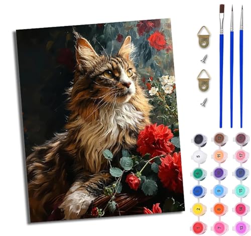 Malen Nach Zahlen DIY auf Leinwand Kit für Anfänger Maine Coon Katze mit roten Blumen DIY Handgemalt Ölgemälde Leinwand Kit für Anfänger und Erwachsene Mit Rahmen 40 x 50 cm Malen Nach Zahlen DIY auf Leinwand Kit für Anfänger Maine Coon Katze mit roten Blumen DIY Handgemalt Ölgemälde Leinwand Kit für Anfänger und Erwachsene Mit Rahmen 40 x 50 cm von WJWWANG