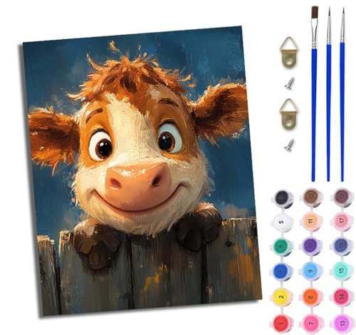 Malen Nach Zahlen DIY auf Leinwand Kit für Anfänger Süßes Kalb auf dem Bauernhof DIY Handgemalt Ölgemälde Leinwand Kit für Anfänger und Erwachsene Mit Rahmen 40 x 50 cm von WJWWANG
