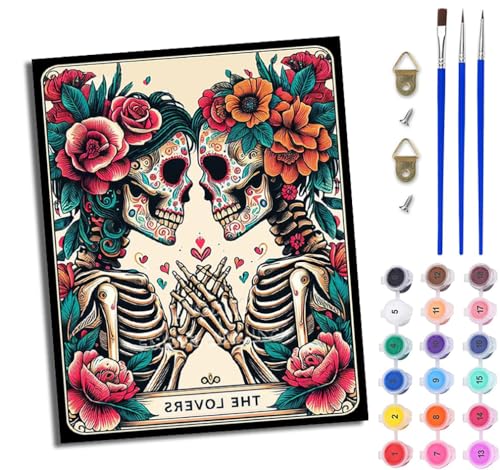 Malen Nach Zahlen DIY auf Leinwand Kit für Anfänger Totenkopf Paar Blumen DIY Handgemalt Ölgemälde Leinwand Kit für Anfänger und Erwachsene Mit Rahmen 40 x 50 cm von WJWWANG