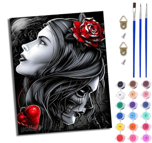Malen Nach Zahlen DIY auf Leinwand Kit für Anfänger Totenkopf Zweigesichtige Schönheit DIY Handgemalt Ölgemälde Leinwand Kit für Anfänger und Erwachsene Mit Rahmen 40 x 50 cm von WJWWANG