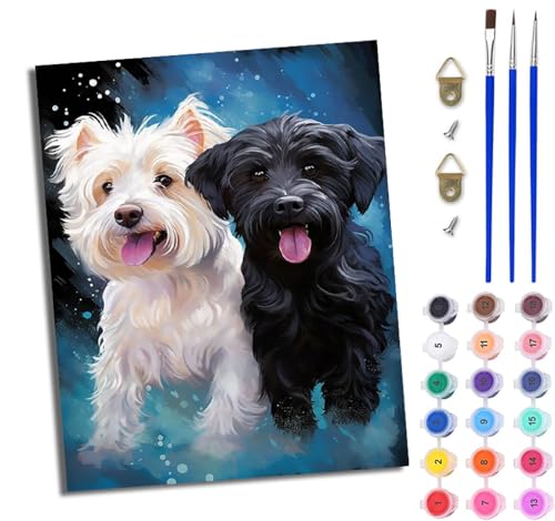 Malen Nach Zahlen DIY auf Leinwand Kit für Anfänger West Highland Terrier Paar DIY Handgemalt Ölgemälde Leinwand Kit für Anfänger und Erwachsene Mit Rahmen 40 x 50 cm von WJWWANG