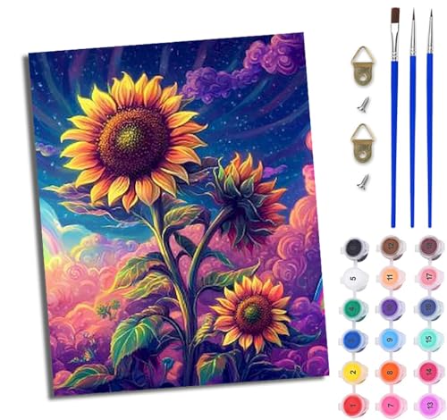 Malen Nach Zahlen Erwachsene Malen Nach Zahlen mit Pinseln und Acrylfarben Fantasie Sonnenblume einfaches DIY-Ölgemälde-Set auf Leinwand mit3- Pinseln und Acrylpigment lustiges（Mit Rahmen） von WJWWANG