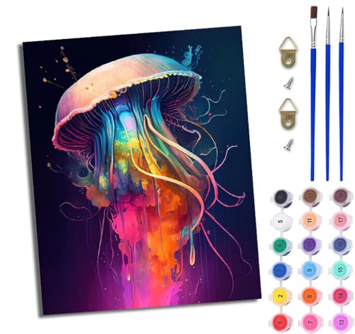 Malen Nach Zahlen Erwachsene Malen Nach Zahlen mit Pinseln und Acrylfarben Fantasie bunte Quallen einfaches DIY-Ölgemälde-Set auf Leinwand mit3- Pinseln und Acrylpigment lustiges（Mit Rahmen） von WJWWANG