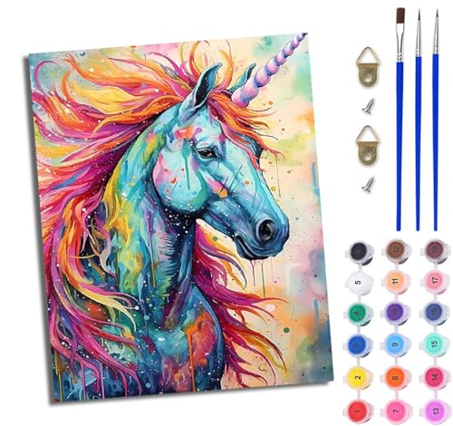 Malen Nach Zahlen Erwachsene Malen Nach Zahlen mit Pinseln und Acrylfarben Fantasievolles buntes Einhorn einfaches DIY-Ölgemälde-Set auf Leinwand mit3- Pinseln und Acrylpigment lustiges（Mit Rahmen） von WJWWANG