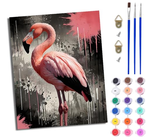 Malen Nach Zahlen Erwachsene Malen Nach Zahlen mit Pinseln und Acrylfarben Flamingo im Tintenstrahl-Stil einfaches DIY-Ölgemälde-Set auf Leinwand mit3- Pinseln und Acrylpigment lustiges（Mit Rahmen） von WJWWANG