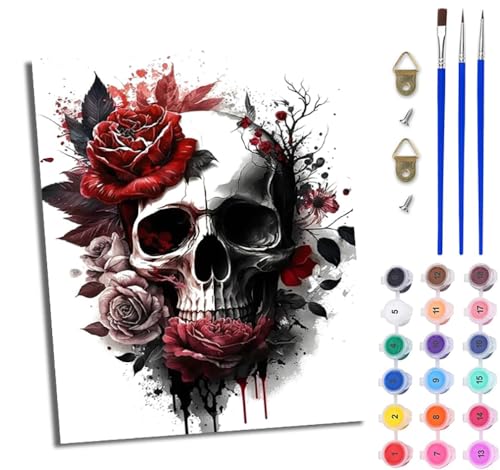 Malen Nach Zahlen Erwachsene Malen Nach Zahlen mit Pinseln und Acrylfarben Horror-Totenkopf-Rose einfaches DIY-Ölgemälde-Set auf Leinwand mit3- Pinseln und Acrylpigment lustiges（Mit Rahmen） von WJWWANG