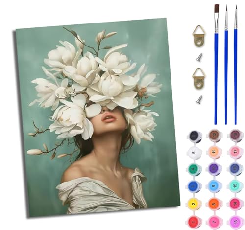 Malen Nach Zahlen Erwachsene Malen Nach Zahlen mit Pinseln und Acrylfarben Mädchen Weiße Blumen einfaches DIY-Ölgemälde-Set auf Leinwand mit3- Pinseln und Acrylpigment lustiges（Mit Rahmen） von WJWWANG