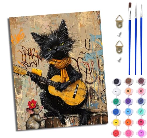 Malen Nach Zahlen Erwachsene Malen Nach Zahlen mit Pinseln und Acrylfarben Maus und schwarze Katze spielen Gitarre einfaches DIY-Ölgemälde-Set auf Leinwand mit3- Pinseln und Acrylpigment Mit Rahmen Malen Nach Zahlen Erwachsene Malen Nach Zahlen mit Pinseln und Acrylfarben Maus und schwarze Katze spielen Gitarre einfaches DIY-Ölgemälde-Set auf Leinwand mit3- Pinseln und Acrylpigment Mit Rahmen von WJWWANG