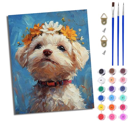 Malen Nach Zahlen Erwachsene Malen Nach Zahlen mit Pinseln und Acrylfarben Niedlicher Welpe mit Kranz einfaches DIY-Ölgemälde-Set auf Leinwand mit3- Pinseln und Acrylpigment lustiges Mit Rahmen Malen Nach Zahlen Erwachsene Malen Nach Zahlen mit Pinseln und Acrylfarben Niedlicher Welpe mit Kranz einfaches DIY-Ölgemälde-Set auf Leinwand mit3- Pinseln und Acrylpigment lustiges Mit Rahmen von WJWWANG